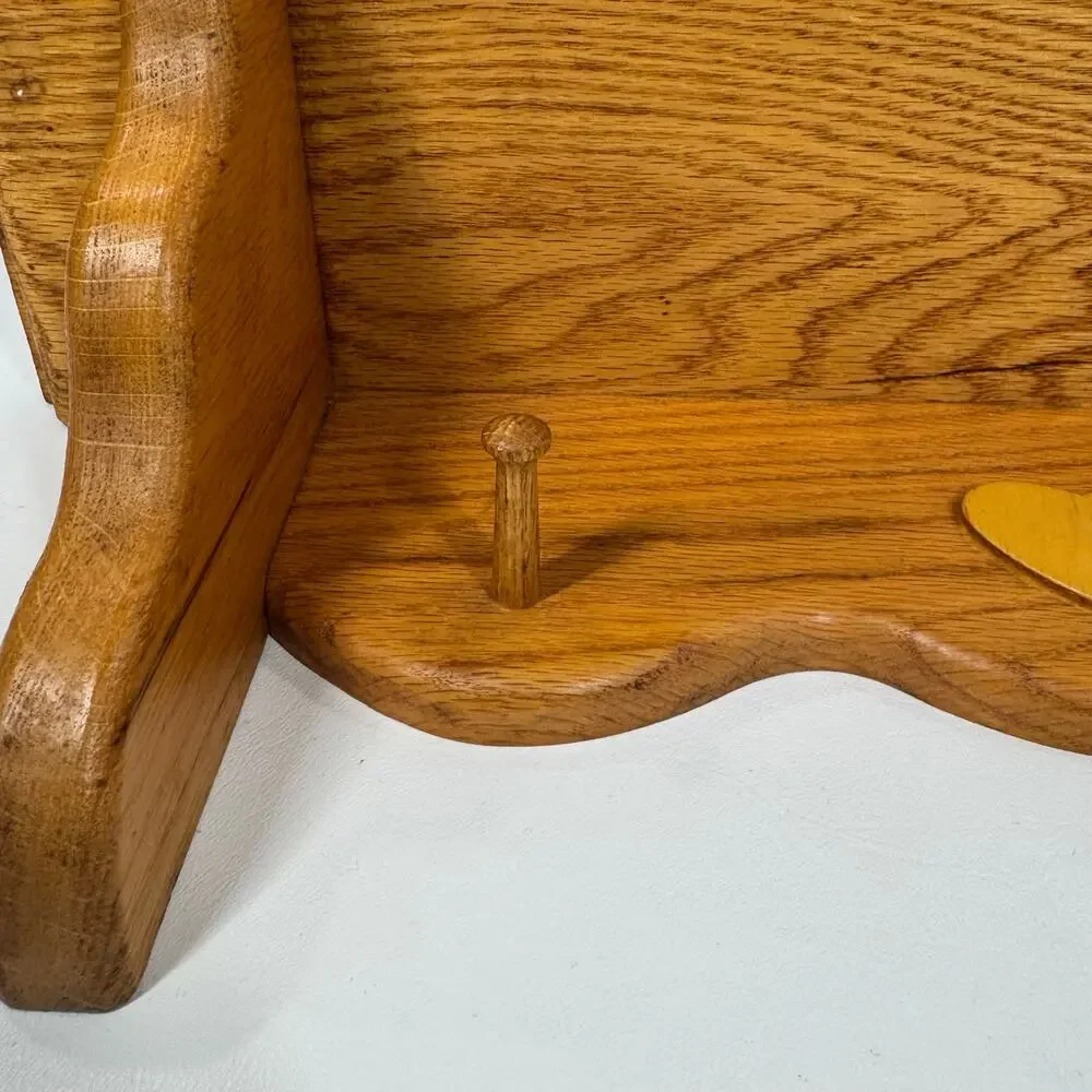 Vintage Solid Oak Wall Shelf Heart Inlay Peg Rack Country Farmhouse Plate Cutout